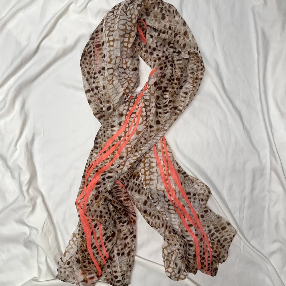 Calvin Klein Leopard Brown Scarf with Neon Coral Stripes